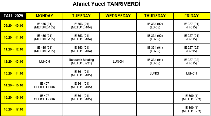 Ahmet Ycel TANRIVERD - Time Table