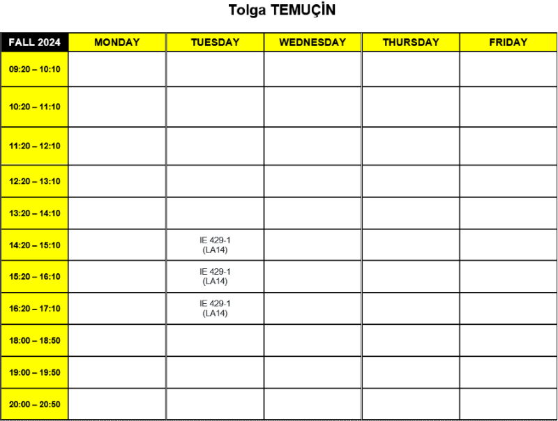 Tolga TEMUN - Time Table